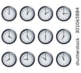 Set of realistic wall clocks, with the times set at every hour.
