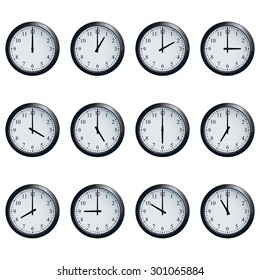 Set of realistic wall clocks, with the times set at every hour.