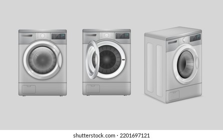 Set of realistic washing machine, different side view of domestic electronic device. 3d household appliances for cleaning laundry at home. Washer, automatic machine. Vector illustration