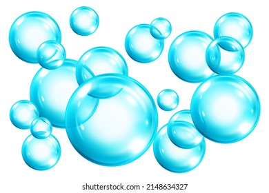 Set of realistic water bubbles on white background. Transparent isolated blue waterbubbles. Vector illustration.