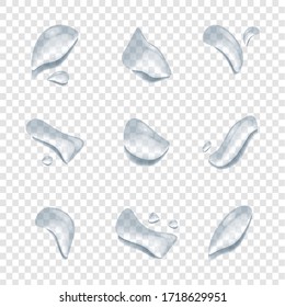 Eine Reihe von realistischen Wassertropfvektoren einzeln auf transparentem Hintergrund, klarer Tropfenspritzer und regnerische Kristallgrafik ep27