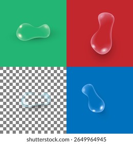 Set of realistic water drops in different colors on colored and transparent background. Vector illustration made using Mesh grid.