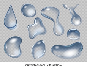 Set of Realistic Water Drops, Tears or Dews. Isolated Vector Blue, Transparent Spheres, Reflecting and Refracting Light