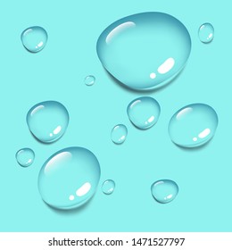Set of realistic water drops in vector. Each can be recolored and reshaped. On the blue background as an example. Fresh dew splatter texture, element for packaging or web. 