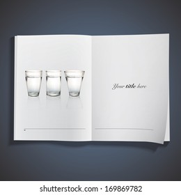 Set of realistic water glasses printed on book. Vector illustration. 