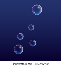  Set of Realistic Water or Soap Bubbles for Your Design. Soap Bubbles with Rainbow Reflection.Shampoo or Foam Cosmetic Flyer and Invite.  Isolated Vector Illustration.