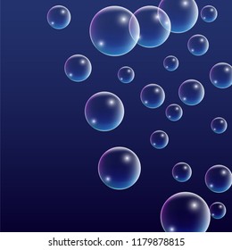  Set of Realistic Water or Soap Bubbles for Your Design. Soap Bubbles with Rainbow Reflection.Shampoo or Foam Cosmetic Flyer and Invite. Bubble with Hologram Reflection. Isolated Vector Illustration.