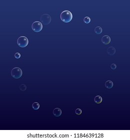  Set of Realistic Water or Soap Bubbles for Your Design. Soap Bubbles with Rainbow Reflection.Shampoo or Foam Cosmetic Flyer and Invite. Bubble with Hologram Reflection. Isolated Vector Illustration.