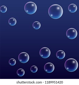  Set of Realistic Water or Soap Bubbles for Your Design. Soap Bubbles with Rainbow Reflection.Shampoo or Foam Cosmetic Flyer and Invite.  Isolated Vector Illustration.