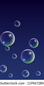  Set of Realistic Water or Soap Bubbles for Your Design. Soap Bubbles with Rainbow Reflection.Shampoo or Foam Cosmetic Flyer and Invite.  Isolated Vector Illustration.