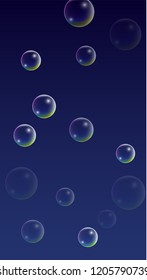  Set of Realistic Water or Soap Bubbles for Your Design. Soap Bubbles with Rainbow Reflection.Shampoo or Foam Cosmetic Flyer and Invite. Bubble with Hologram Reflection. Isolated Vector Illustration.