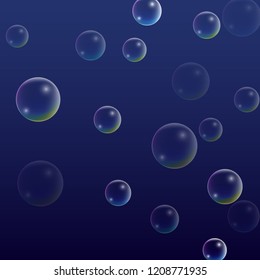  Set of Realistic Water or Soap Bubbles for Your Design. Soap Bubbles with Rainbow Reflection.Shampoo or Foam Cosmetic Flyer and Invite. Bubble with Hologram Reflection. Isolated Vector Illustration.