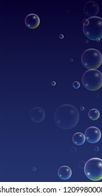  Set of Realistic Water or Soap Bubbles for Your Design. Soap Bubbles with Rainbow Reflection.Shampoo or Foam Cosmetic Flyer and Invite.  Isolated Vector Illustration.