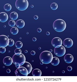  Set of Realistic Water or Soap Bubbles for Your Design. Soap Bubbles with Rainbow Reflection.Shampoo or Foam Cosmetic Flyer and Invite. Bubble with Hologram Reflection. Isolated Vector Illustration.
