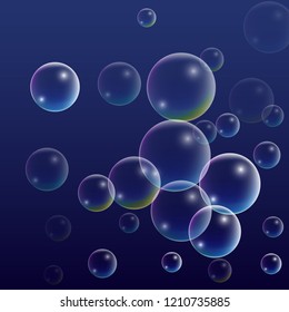  Set of Realistic Water or Soap Bubbles for Your Design. Soap Bubbles with Rainbow Reflection.Shampoo or Foam Cosmetic Flyer and Invite.  Isolated Vector Illustration.
