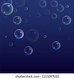  Set of Realistic Water or Soap Bubbles for Your Design. Soap Bubbles with Rainbow Reflection.Shampoo or Foam Cosmetic Flyer and Invite.  Isolated Vector Illustration.