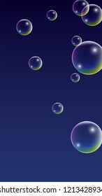  Set of Realistic Water or Soap Bubbles for Your Design. Soap Bubbles with Rainbow Reflection.Shampoo or Foam Cosmetic Flyer and Invite.  Isolated Vector Illustration.