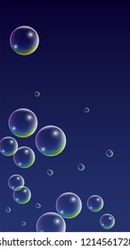  Set of Realistic Water or Soap Bubbles for Your Design. Soap Bubbles with Rainbow Reflection.Shampoo or Foam Cosmetic Flyer and Invite.  Isolated Vector Illustration.
