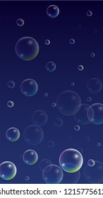  Set of Realistic Water or Soap Bubbles for Your Design. Soap Bubbles with Rainbow Reflection.Shampoo or Foam Cosmetic Flyer and Invite. Bubble with Hologram Reflection. Isolated Vector Illustration.