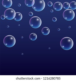  Set of Realistic Water or Soap Bubbles for Your Design. Soap Bubbles with Rainbow Reflection.Shampoo or Foam Cosmetic Flyer and Invite. Bubble with Hologram Reflection. Isolated Vector Illustration.