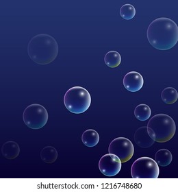  Set of Realistic Water or Soap Bubbles for Your Design. Soap Bubbles with Rainbow Reflection.Shampoo or Foam Cosmetic Flyer and Invite. Bubble with Hologram Reflection. Isolated Vector Illustration.