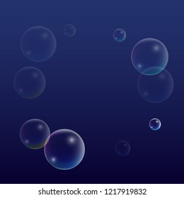  Set of Realistic Water or Soap Bubbles for Your Design. Soap Bubbles with Rainbow Reflection.Shampoo or Foam Cosmetic Flyer and Invite. Bubble with Hologram Reflection. Isolated Vector Illustration.