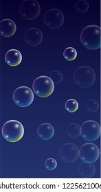  Set of Realistic Water or Soap Bubbles for Your Design. Soap Bubbles with Rainbow Reflection.Shampoo or Foam Cosmetic Flyer and Invite. Bubble with Hologram Reflection. Isolated Vector Illustration.