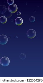  Set of Realistic Water or Soap Bubbles for Your Design. Soap Bubbles with Rainbow Reflection.Shampoo or Foam Cosmetic Flyer and Invite.  Isolated Vector Illustration.