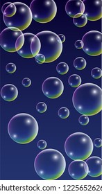  Set of Realistic Water or Soap Bubbles for Your Design. Soap Bubbles with Rainbow Reflection.Shampoo or Foam Cosmetic Flyer and Invite. Bubble with Hologram Reflection. Isolated Vector Illustration.