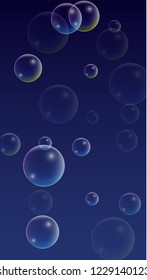  Set of Realistic Water or Soap Bubbles for Your Design. Soap Bubbles with Rainbow Reflection.Shampoo or Foam Cosmetic Flyer and Invite.  Isolated Vector Illustration.