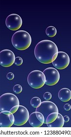  Set of Realistic Water or Soap Bubbles for Your Design. Soap Bubbles with Rainbow Reflection.Shampoo or Foam Cosmetic Flyer and Invite. Bubble with Hologram Reflection. Isolated Vector Illustration.
