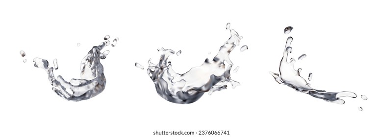 Conjunto de salpicaduras de agua realistas. Flujo líquido transparente. Drogas, salpicaduras, agua derramada. Platos de cristal. Conjunto de ilustraciones realistas aisladas para diseño web, publicidad