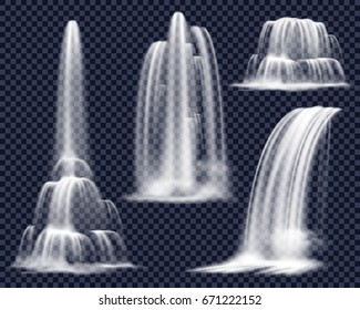 Set of realistic waterfalls including cascading streams of various shape on transparent background isolated vector illustration 
