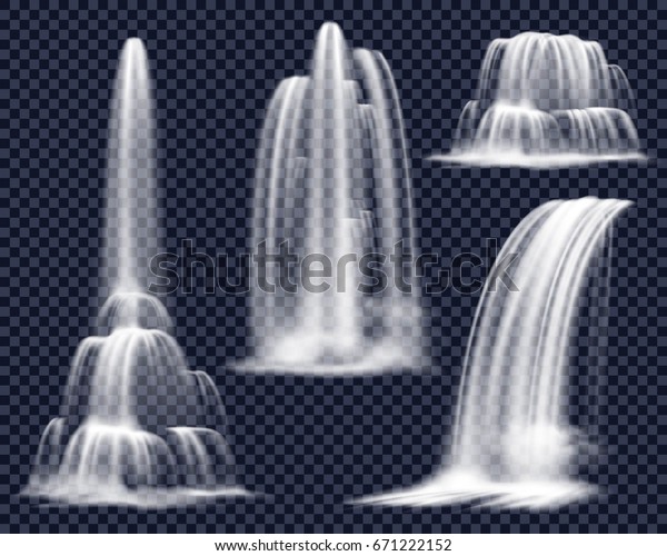 Set of realistic waterfalls including cascading streams\
of various shape on transparent background isolated vector\
illustration 