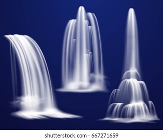 Set of realistic waterfalls of various shape and power on dark blue background isolated vector illustration 