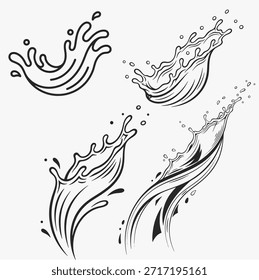 Conjunto de ilustraciones realistas del arte de la línea del Vector del agua-chapoteo para los diseños elegantes y minimalistas. Ilustración vectorial