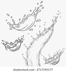 Conjunto de ilustraciones realistas del arte de la línea del Vector del agua-chapoteo para los diseños elegantes y minimalistas. Ilustración vectorial