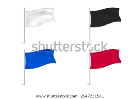 Set of Realistic Waving Flags in White, Black, Blue, and Red Colors on Flagpoles Isolated on White Background