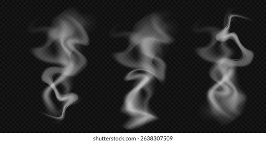 Set of realistic wavy smoke, clouds, cloudiness, smog, fog, haze effect, steam from hot food, barbecue, drinks, cigarette smoke and smoke from a pipe, from a campfire, candles, vape, vector