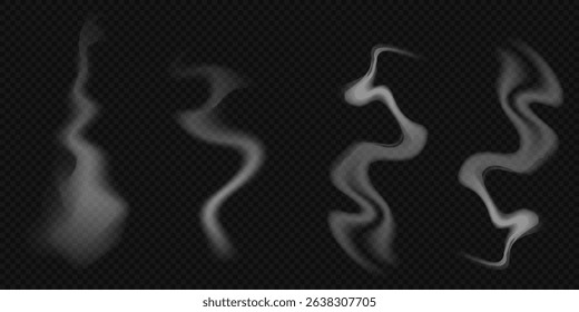 Set of realistic wavy smoke, clouds, cloudiness, smog, fog, haze effect, steam from hot food, barbecue, drinks, cigarette smoke and smoke from a pipe, from a campfire, candles, vape, vector