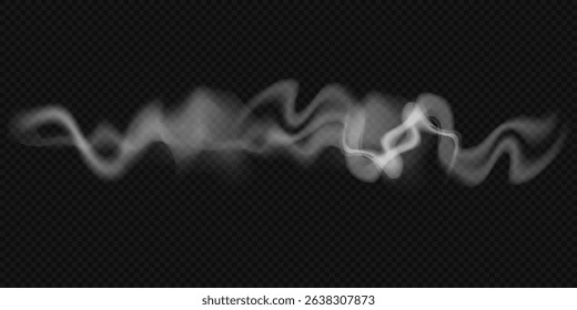 Set of realistic wavy smoke, clouds, cloudiness, smog, fog, haze effect, steam from hot food, barbecue, drinks, cigarette smoke and smoke from a pipe, from a campfire, candles, vape, vector