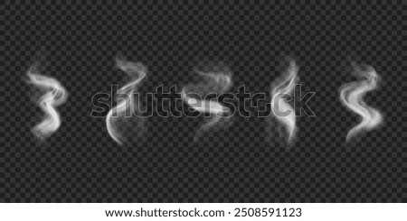 Set of realistic wavy smoke, steam from hot food and drinks. Vector design elements of smog, fog on transparent background