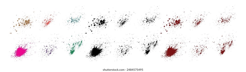 Set of realistic wheat, purple, orange, red, green, black color bleeding splatter ink vector stain