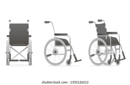 Set of realistic wheelchair. Front, side view. Medical element for disabled people. Vector illustration