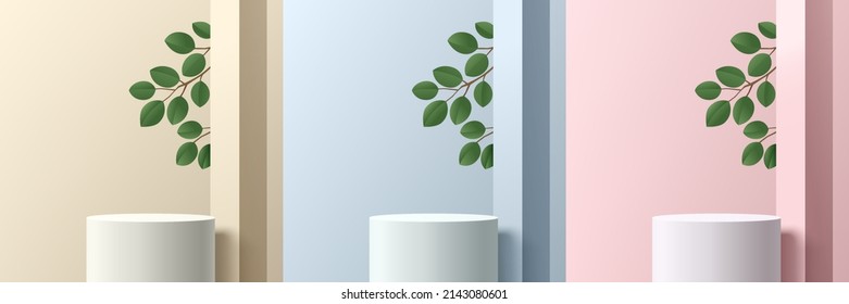 Set of realistic white 3d cylinder stand podium in beige, blue and pink abstract rooms with square pillar and green leaf. Vector geometric forms. Minimal scene. Stage showcase, Mockup product display.