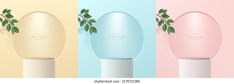 Set von realistischen weißen 3D-Zylinder-Podium und grünes Blatt auf pastellgelb, blau, rosa Farbe Szene. Abstrakte Minimalszene für die Produktpräsentation, Stufe für Schaufenster. Geometrische Vektorformen.