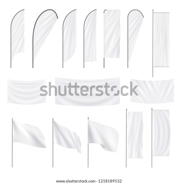 Set of realistic white advertising textile\
flags and banners. Vector mockup, template, collection of empty\
fabric canvas poster for\
advertising