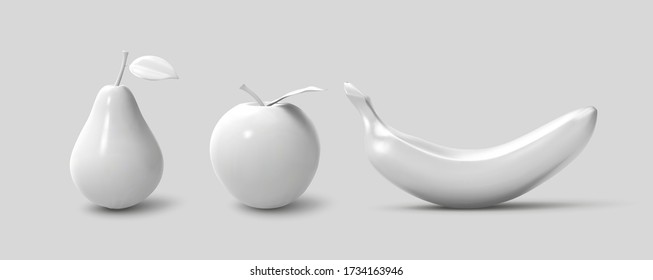 Set realistic white banana, apple and pear isolated on grey background, front view. 3D template for products, advertizing, web banners, leaflets, vector illustration