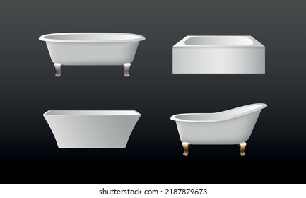 Conjunto de elementos realistas de bañera blanca para el interior del cuarto de baño sobre fondo negro. Bañera de cerámica moderna para el baño. Bañera de época con pie de garra retro dorado y plateado. 3.ª ilustración vectorial