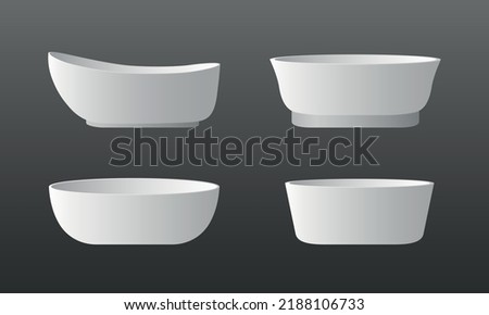Set of realistic white bathtubs and washbasin elements for bathroom interior on black background. Modern ceramic tubs for washroom. 3d vector illustration